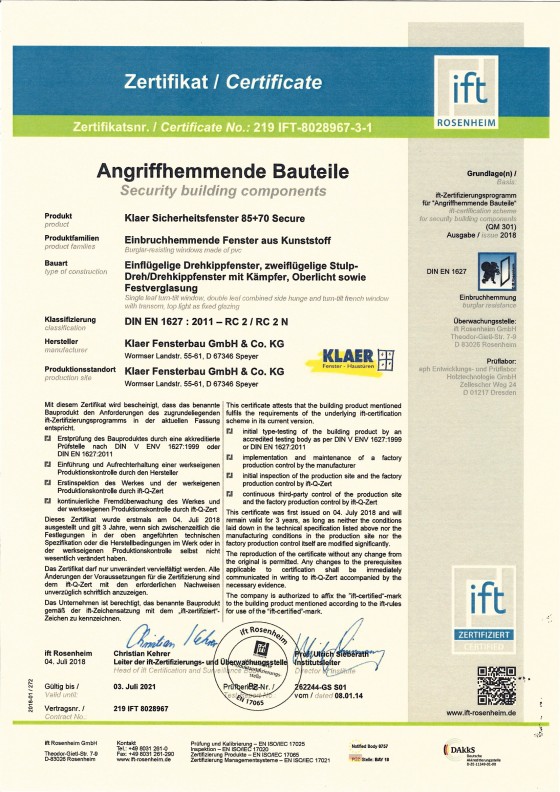 Zertifiezierung RC 2 DIN EN 1627